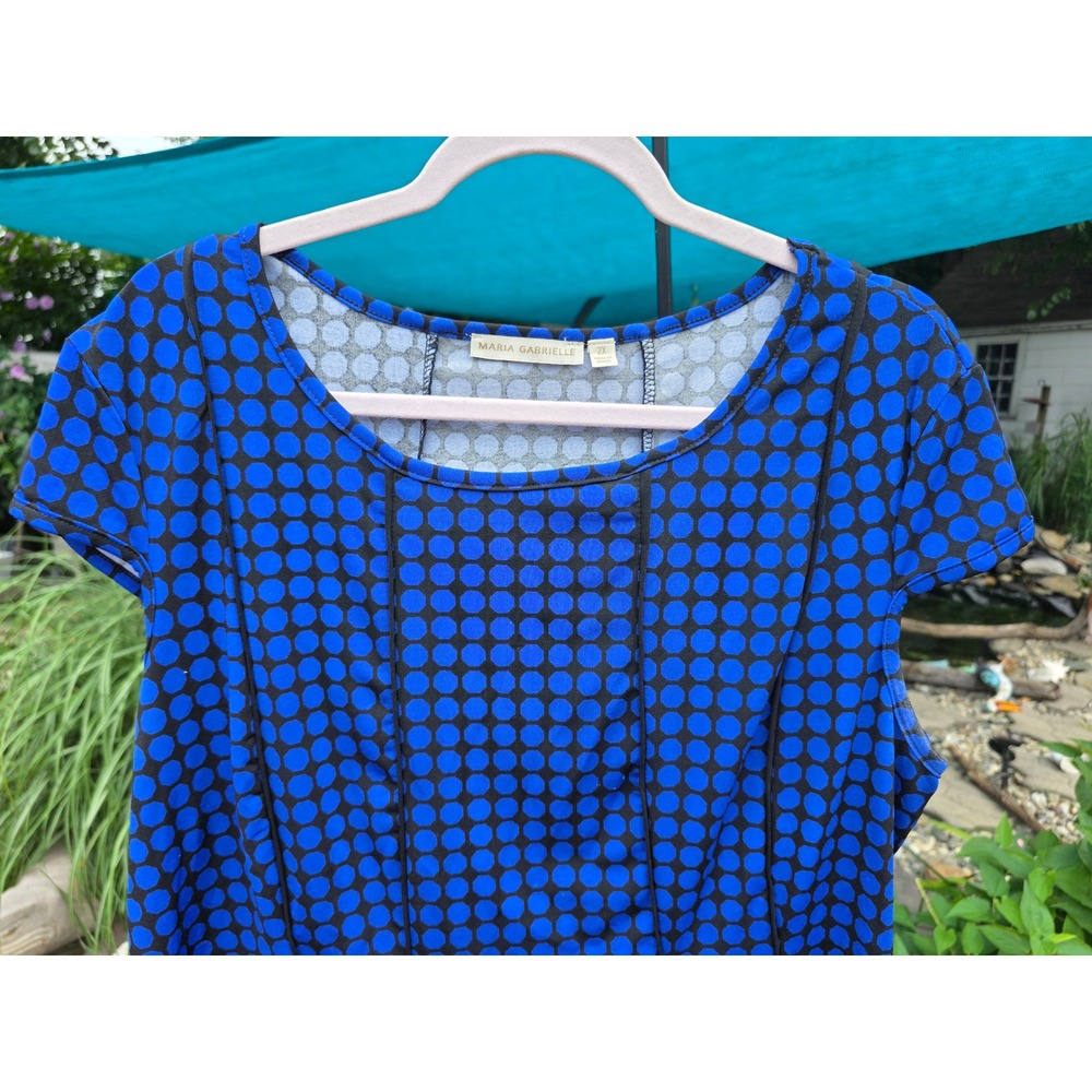 Maria Gabrielle Womens 2XBlue Black Polka Dot Short Sleeve Scoop Neck Blouse Top - Picture 2 of 8